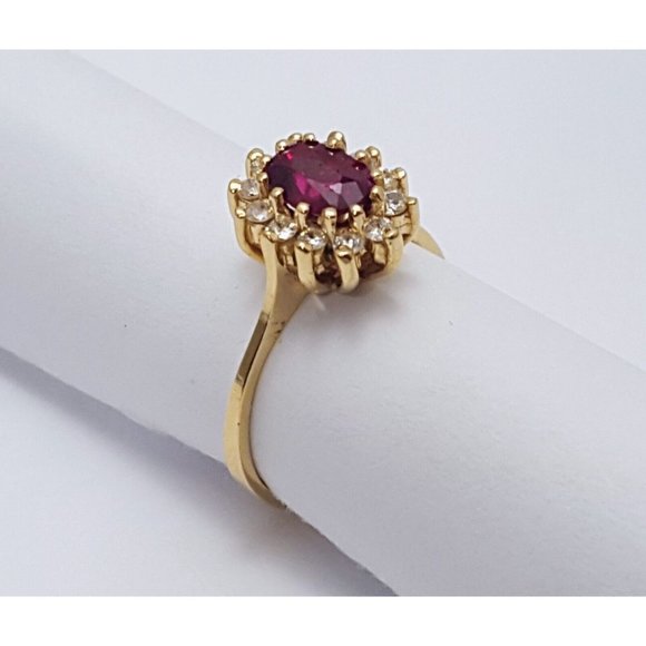 Elegant 14K Karat Solid Yellow Gold Designer Oval Ruby & Diamond Ring Size 5 - Picture 7 of 16